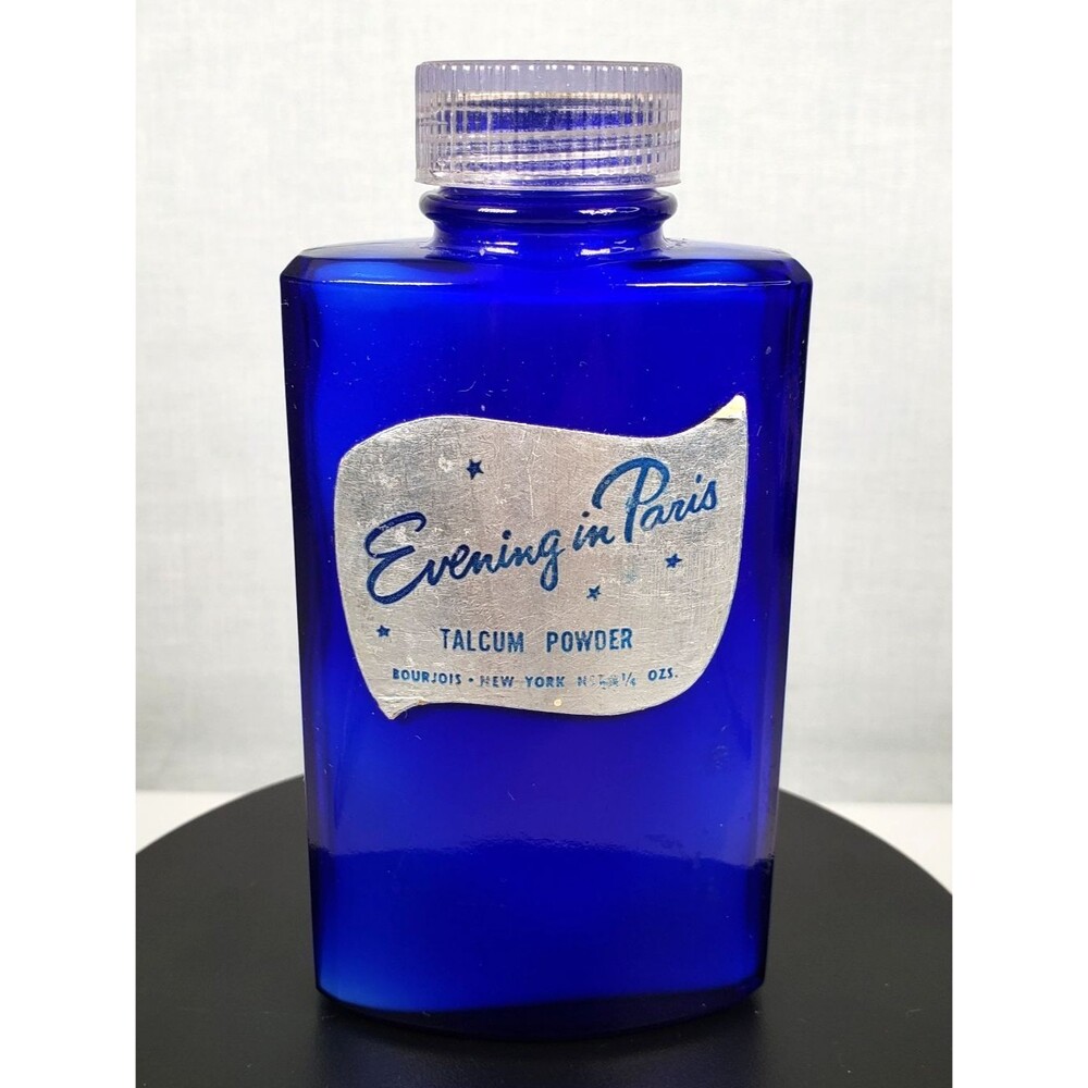 Bourjois NY Evening In Paris Talcum Powder Cobalt Blue Bottle 5" Full With Lid